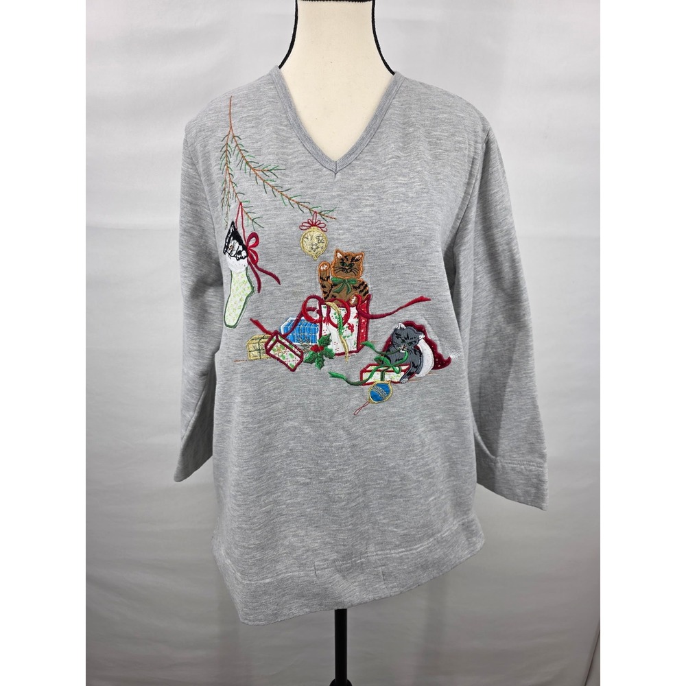 Bobbie Brooks Woman Christmas Cats Embroidered Sweatshirt Gray V-Neck XL 14W/16W